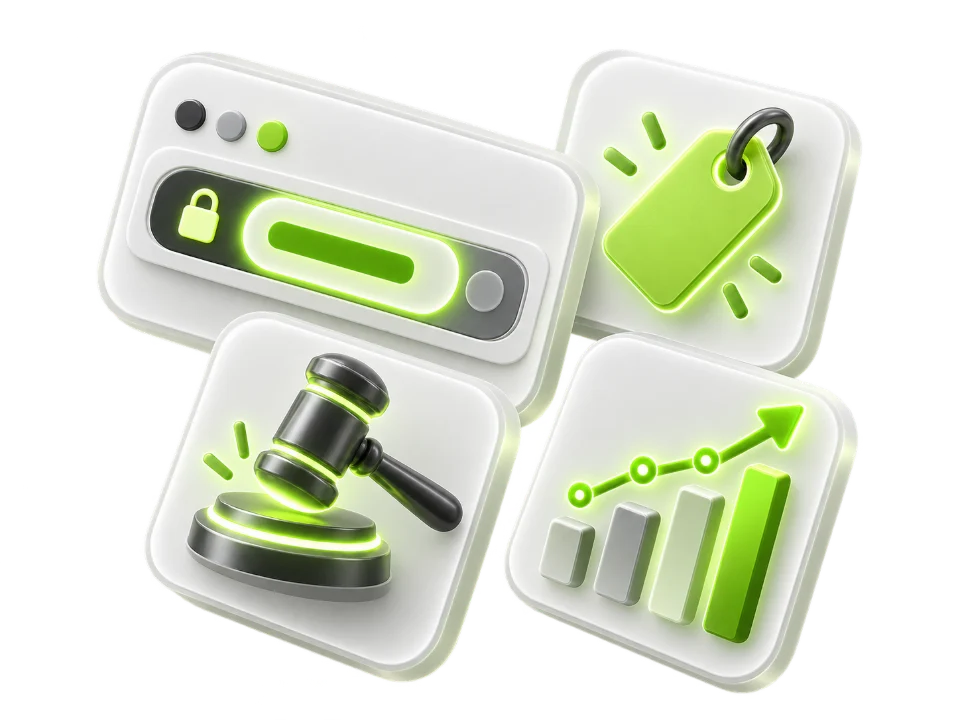 Floating 3D tiles: a browser address bar with a glowing domain, a price tag, an auction gavel and a rising price chart